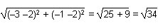 the square root of open paren negative 3 negative 2 close paren squared plus open paren negative 1 negative 2 close paren squared equals the square root of 25 plus 9 equals the square root of 34