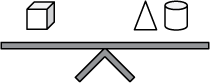 Image of a scale with one cube on the left side and one triangle and one cylinder on the right side.