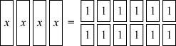 4 boxes labeled x = 12 boxes labeled 1